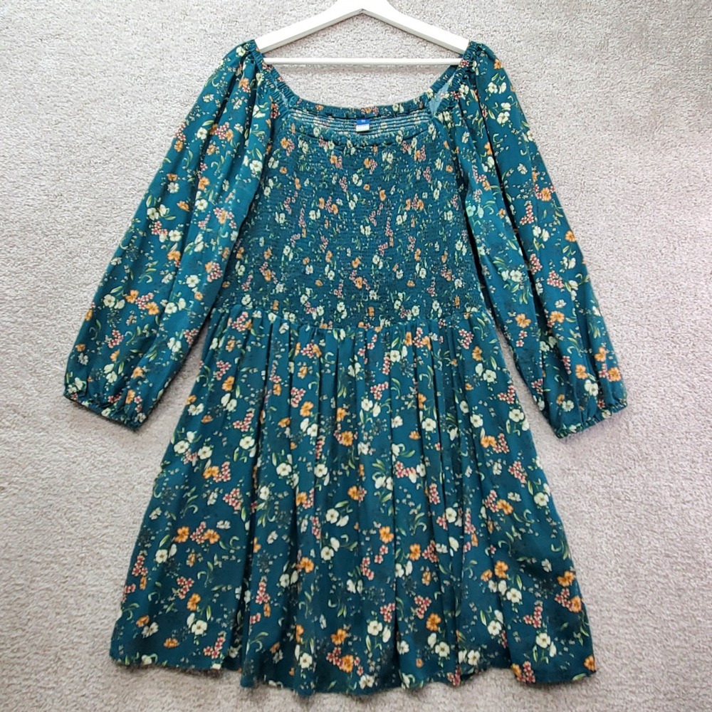Old Navy Floral Smocked Mini Dress Womens 2X Green Cottage Coquette Boho
